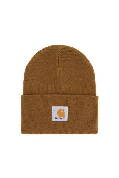 Shop Carhartt Beanie Hat With Logo Patch In Brown