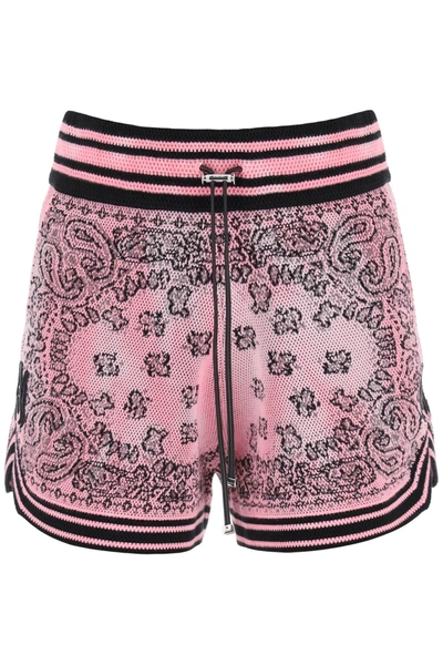 Shop Amiri Knitted Shorts With Bandana Motif In Black, Pink