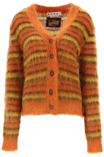 Shop Marni Cardigan In Striped Brushed Mohair In Orange, Yellow, Brown