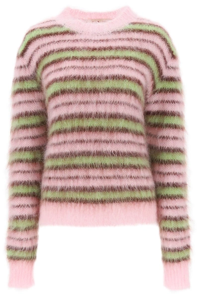 Shop Marni Sweater In Brushed Mohair With Striped Motif In Pink, Green, Brown