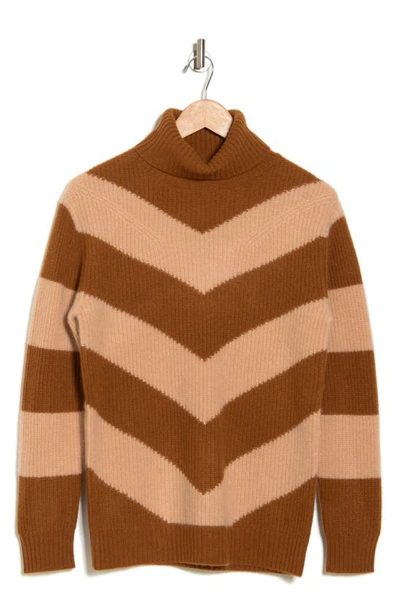 Shop Magaschoni Chevron Stripe Cashmere Turtleneck Sweater In Brown Saddle W/ Camel Wood