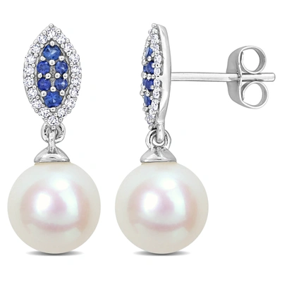 Mimi & Max 8mm Cultured Freshwater Pearl 1/7ct Tdw Diamond 1/6ct Tgw Sapphire Marquise Earrings 14k White Gold In Multi
