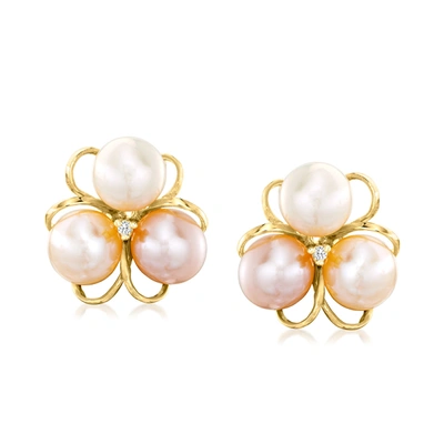Ross-simons 6.5-7mm Multicolored Cultured Pearl Flower Earrings With Diamond Accents In 18kt Gold Over Sterling In Multi
