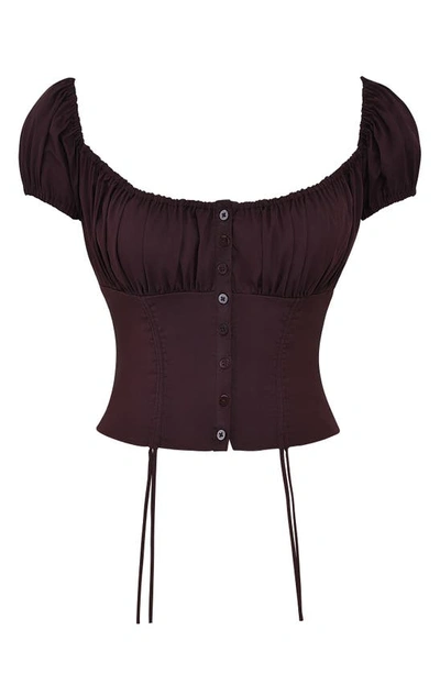 Shop House Of Cb Kitty Puff Sleeve Corset Crop Top In Rich Brown