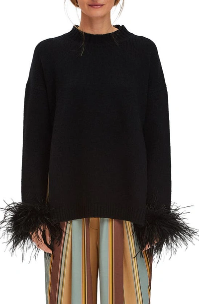 Shop Sleeper Agatha Feather Trim Wool & Cashmere Pajama Sweater In Black