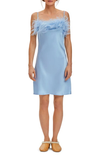 Shop Sleeper Boheme Feather Trim Satin Nightgown In Light Blue