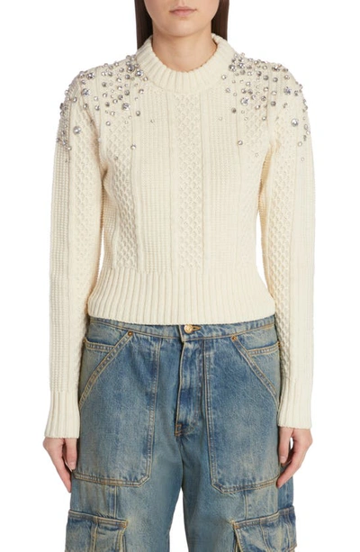 Shop Golden Goose Crystal Embellished Virgin Wool Cable Knit Crewneck Sweater In Lambs Wool
