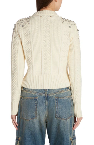 Shop Golden Goose Crystal Embellished Virgin Wool Cable Knit Crewneck Sweater In Lambs Wool