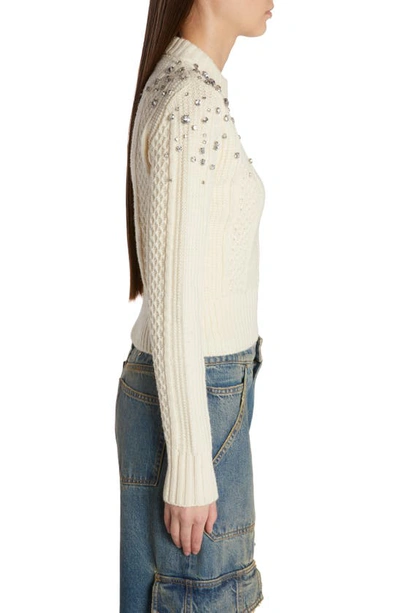 Shop Golden Goose Crystal Embellished Virgin Wool Cable Knit Crewneck Sweater In Lambs Wool