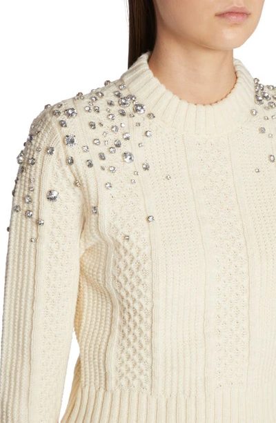 Shop Golden Goose Crystal Embellished Virgin Wool Cable Knit Crewneck Sweater In Lambs Wool