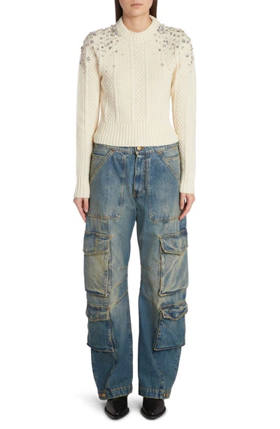 Shop Golden Goose Crystal Embellished Virgin Wool Cable Knit Crewneck Sweater In Lambs Wool