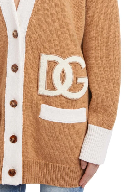 Shop Dolce & Gabbana Dg Patch Contrast Trim Wool Cardigan In Beige Inlay