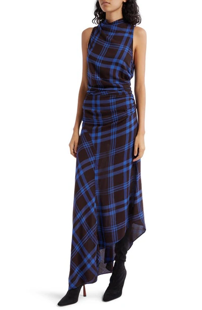 Shop A.l.c Iggy Plaid Ruched Asymmetric Hem Dress In Brown/ Royal