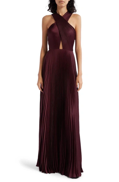 Shop A.l.c Athena Pleated Crossover Cutout Satin Maxi Dress In Chicory