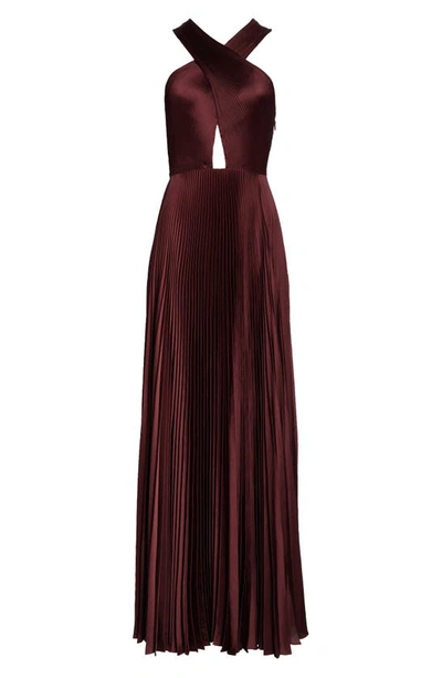 Shop A.l.c Athena Pleated Crossover Cutout Satin Maxi Dress In Chicory