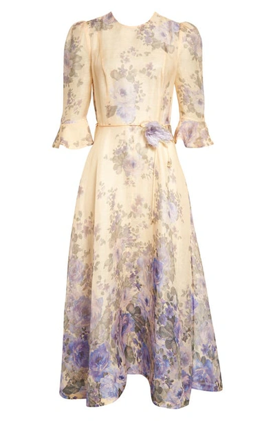 Shop Zimmermann Floral Flare Sleeve Silk Dress In Blue Floral Print