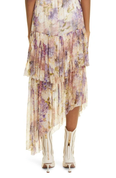 Shop Zimmermann Floral Asymmetric Ruffle Silk Georgette Skirt In Dreamy Floral