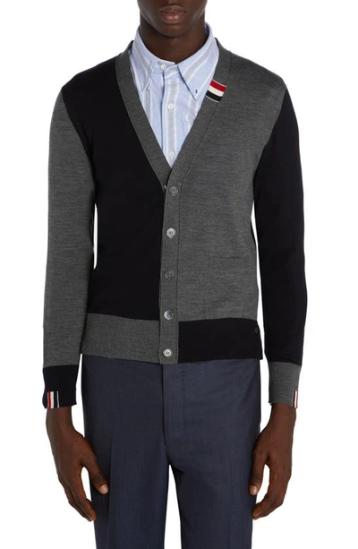Shop Thom Browne Fun-mix Colorblock V-neck Wool Blend Cardigan In Navy
