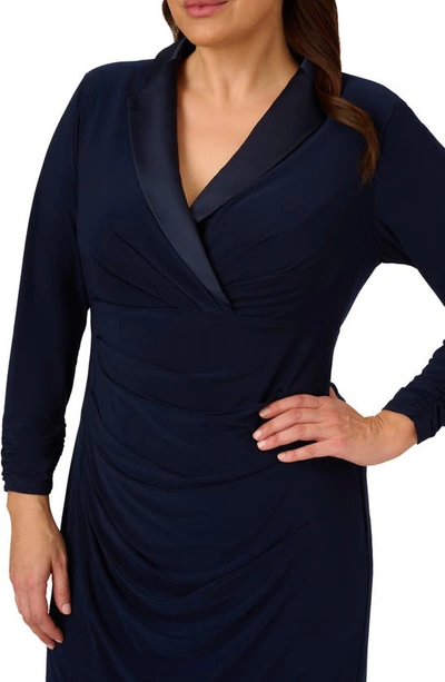 Shop Adrianna Papell Long Sleeve Jersey Satin Tuxedo Dress In Midnight