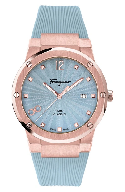 Ferragamo F-80 Classic Blue Dial Leather Strap Watch, 41mm In Rose Gold