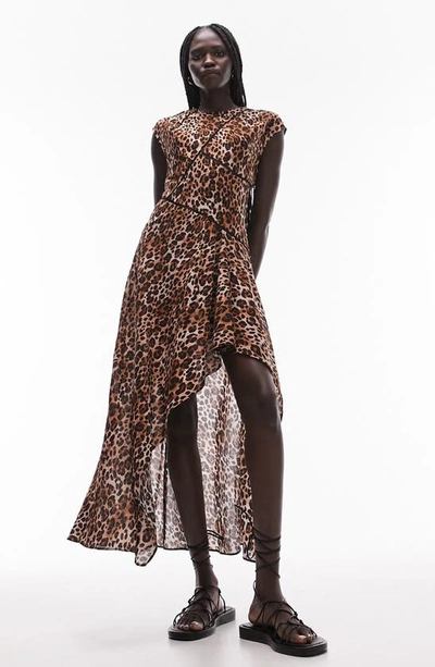 Shop Topshop Leopard Print Ladder Trim High-low Dress In Brown Multi