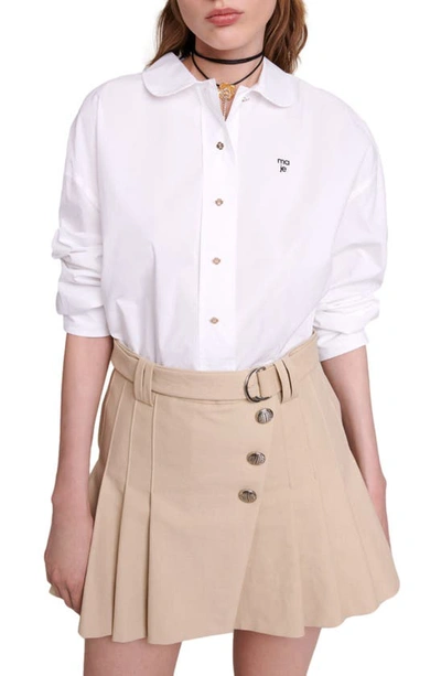 Shop Maje Belted Pleated Miniskirt In Beige