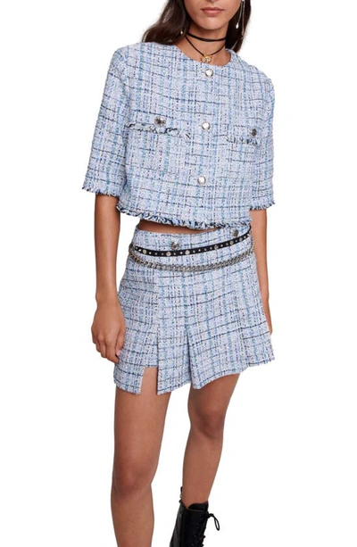 Shop Maje Pleated Tweed Miniskirt In Blue