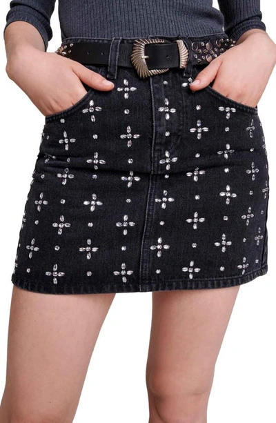 Shop Maje Jicroix Embellished Cotton Denim Miniskirt In Black
