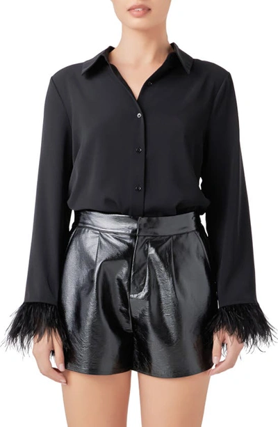 Shop Endless Rose Faux Feather Trim Button-up Blouse In Black