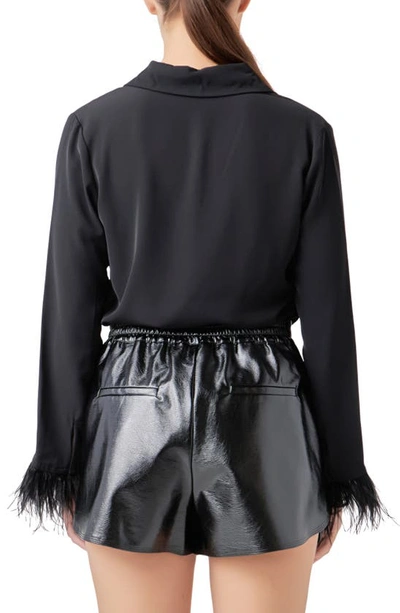 Endless Rose Women's Feather Trimmed Fitted Blouse Top In Black