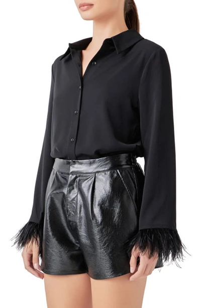 Endless Rose Women's Feather Trimmed Fitted Blouse Top In Black