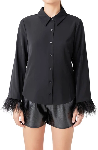 Shop Endless Rose Faux Feather Trim Button-up Blouse In Black