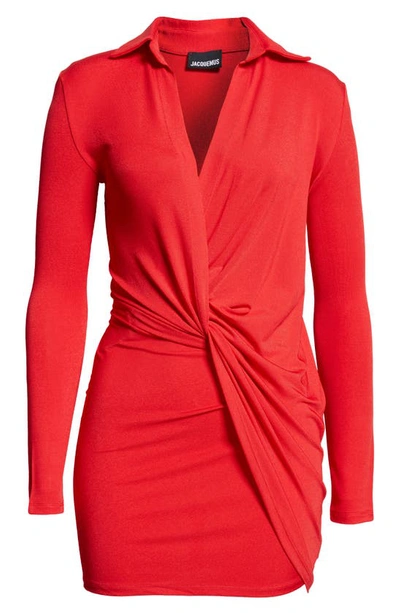 Shop Jacquemus La Robe Bahia Long Sleeve Jersey Minidress In Red