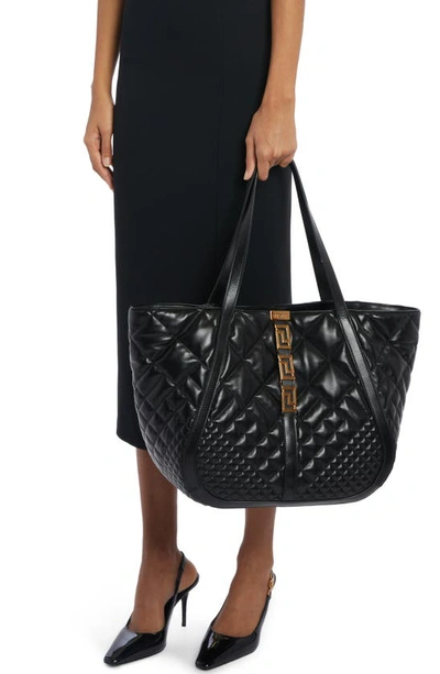 Shop Versace Large Greca Goddess Quilted Leather Tote In Black- Gold