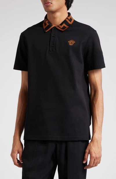 Shop Versace Greca Medusa Patch Cotton Piqué Polo In Black Caramel