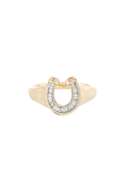 Shop Adina Reyter Baguette Diamond Horseshoe Signet Ring In Yellow Gold