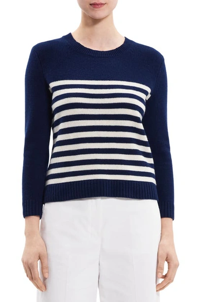 Shop Theory Shrunken Stripe Wool & Cashmere Sweater In Dark Navy/ Ivory