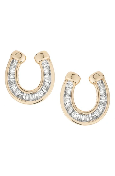 Shop Adina Reyter Baguette Diamond Horseshoe Stud Earrings In Yellow Gold