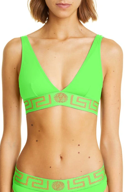 Shop Versace Greca Border Triangle Bikini Top In Clover