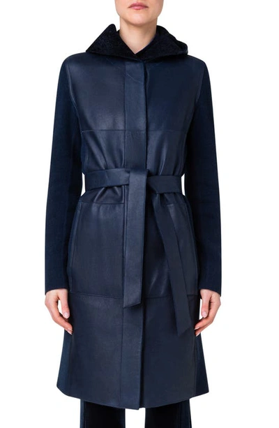 Shop Akris Cashmere Stretch Knit & Genuine Shearling Hooded Coat In 079 Navy