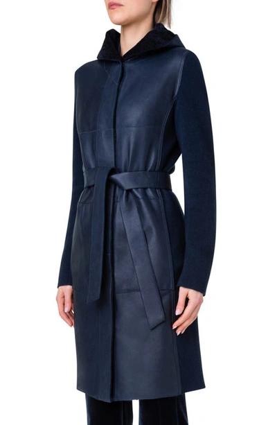 Shop Akris Cashmere Stretch Knit & Genuine Shearling Hooded Coat In 079 Navy