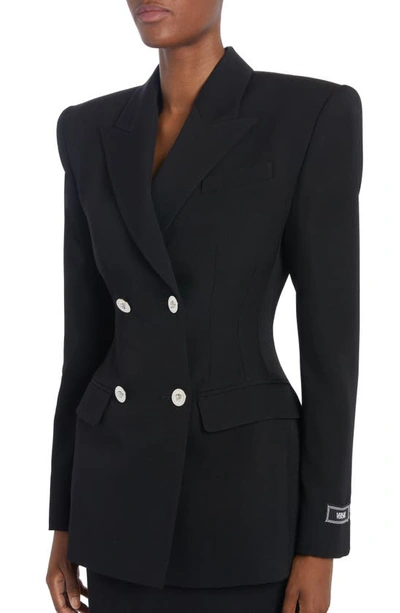 Shop Versace Exaggerated Shoulder Double Breasted Virgin Wool Jacket In Black
