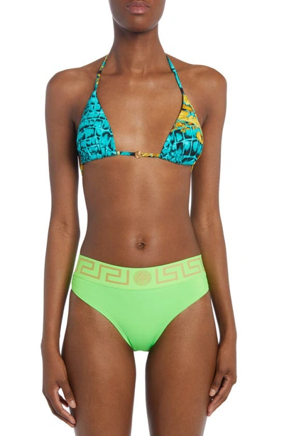 Shop Versace Baroccodile Print Triangle Bikini Top In Glacier Green Black Gold