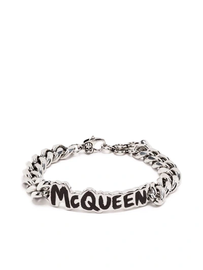 Shop Alexander Mcqueen Logo-plaque Chain-link Bracelet In Black