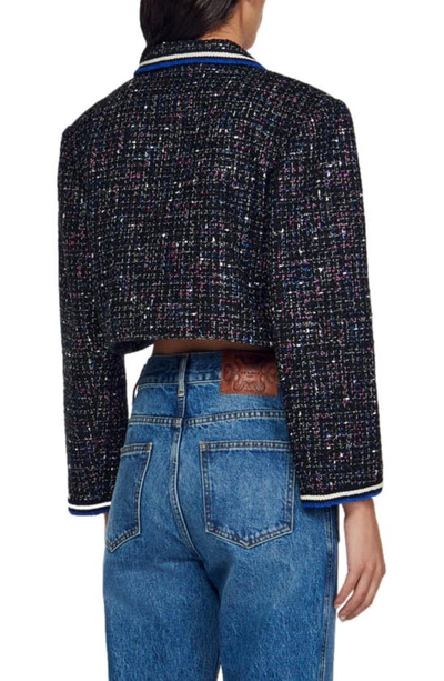 Sandro Vicky Tweed Cropped Jacket In Black/ Blanc / Blue