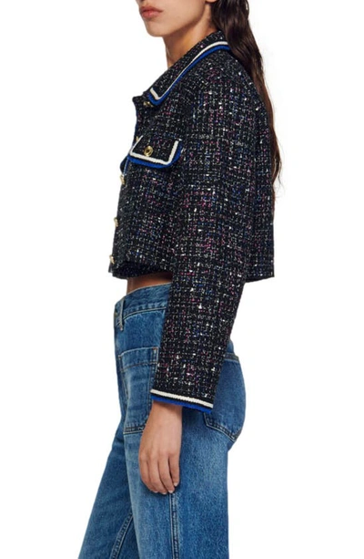 Sandro Vicky Tweed Cropped Jacket In Black/ Blanc / Blue