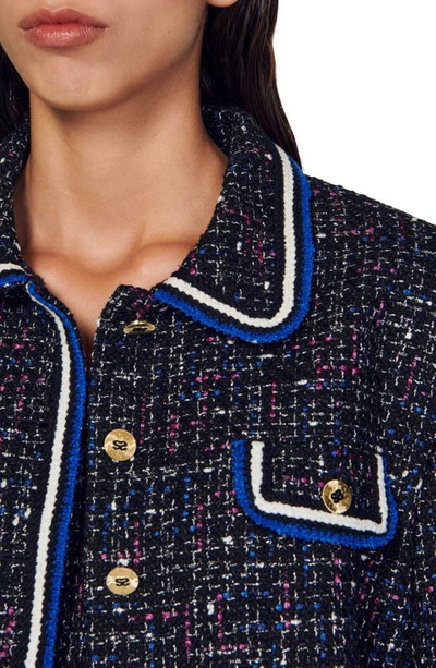 Sandro Vicky Tweed Cropped Jacket In Black/ Blanc / Blue