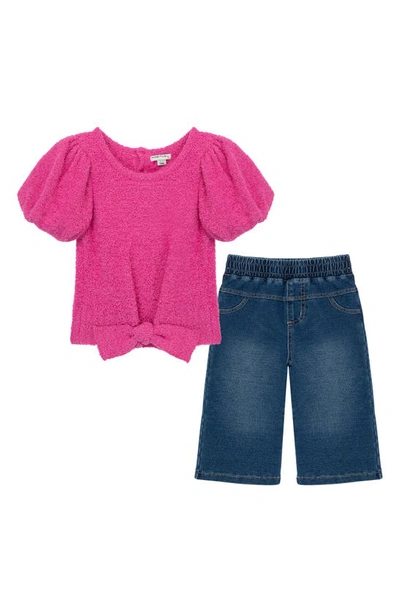 Shop Habitual Puff Sleeve Tie Front Bouclé Sweater & Wide Leg Jeans Set In Dark Pink
