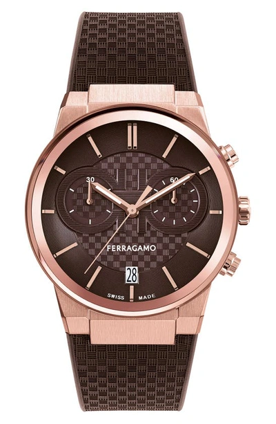 Shop Ferragamo Sapphire Chronograph Silicone Strap Watch, 41mm In Ip Rose Gold