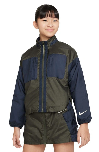 Shop Nike Kids' Sportswear Water Repellent Ripstop Jacket In Cargo Khaki/ Obsidian/ Olive